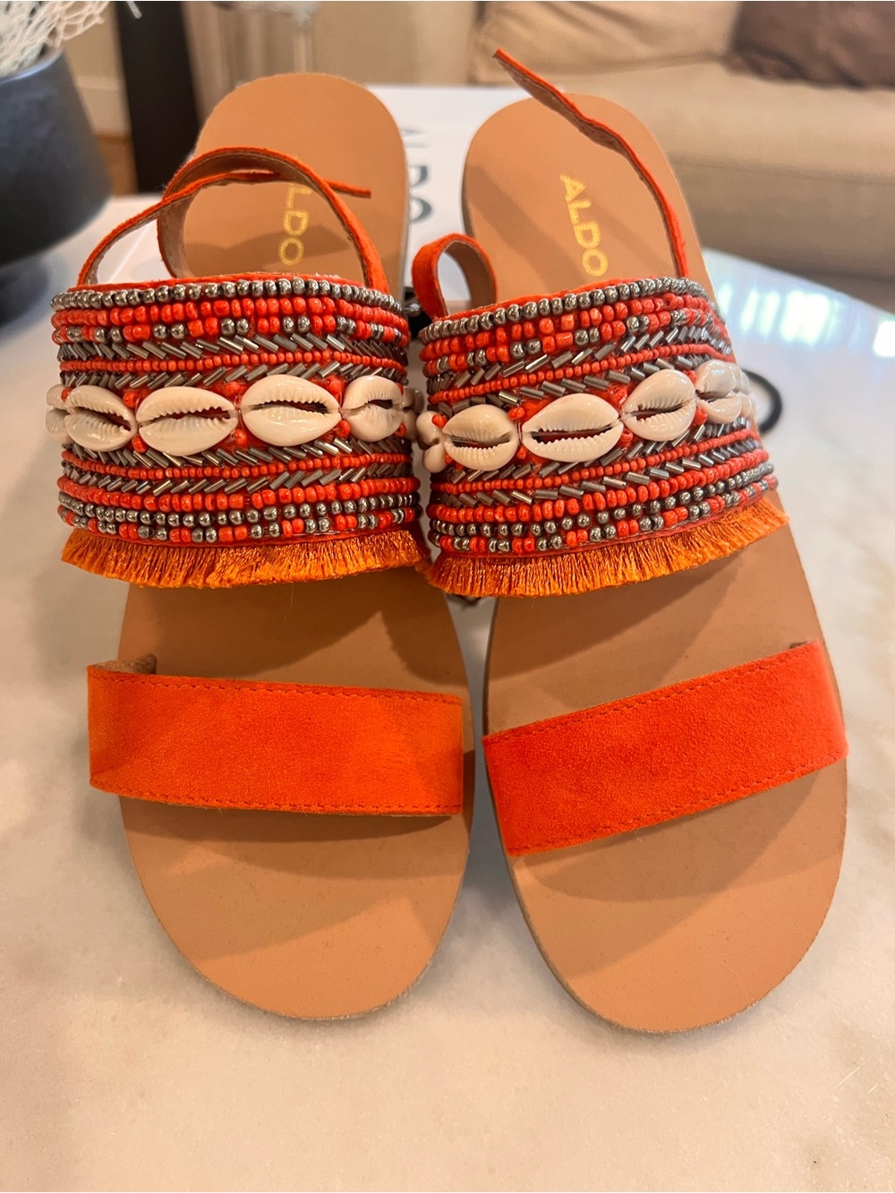 ALDO Orange Beaded Shell Fringe Slide Sandals - Women US Size 8.6 NWT